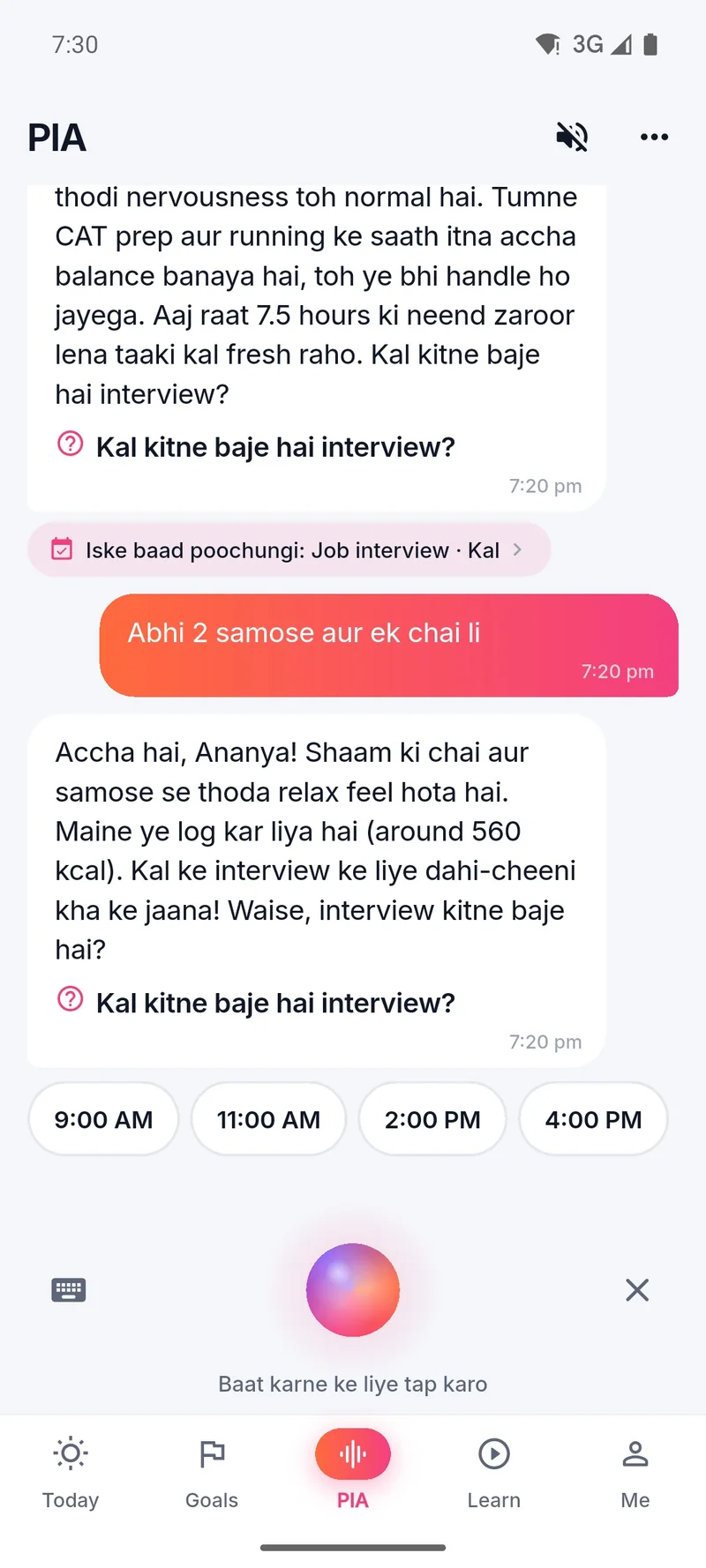 Chatting with PIA in Hinglish about a job interview