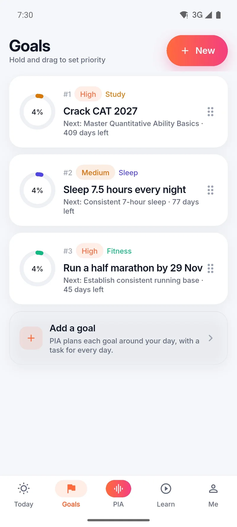 Goals screen with a CAT exam, a sleep goal and a half marathon, in priority order