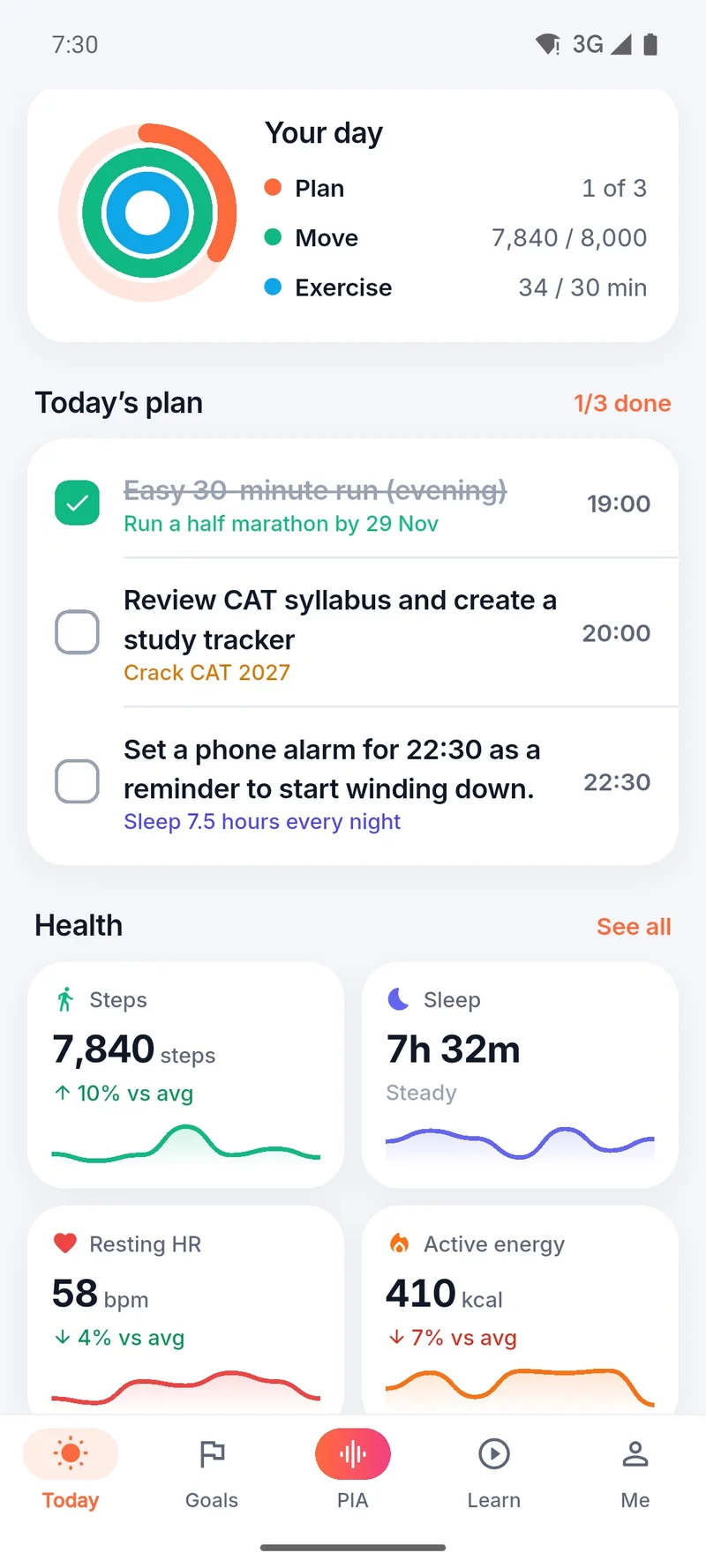Today screen with your day's rings and today's plan, one task done